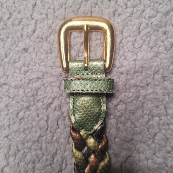 VTG Green Brown Leather Belt XL Braided Snake Print Gold Tone Buckle Colorful main image 8
